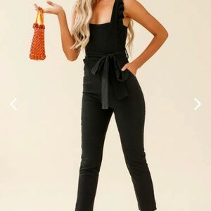 All For Love Square Neckline Ruffle Strap Jumpsuit Black